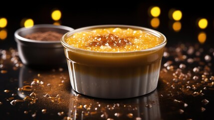 Caramel dessert in a glass, sprinkled with sugar.