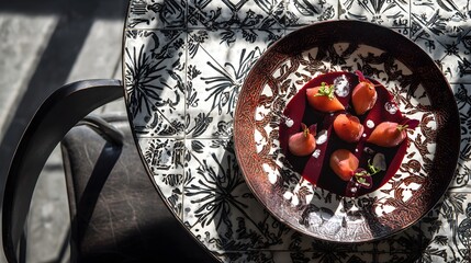 An Exquisitely Styled Aerial View of Gourmet Red Wine Poached Pears Arranged on an Intricate Plate in a Contemporary Restaurant
