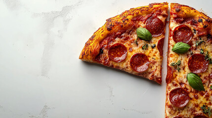 A top view of pepperoni pizza slices with basil and thyme on a white marble surface for food photography