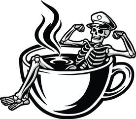 A relaxed skeleton, in police uniform, enjoys a steaming cup of coffee.