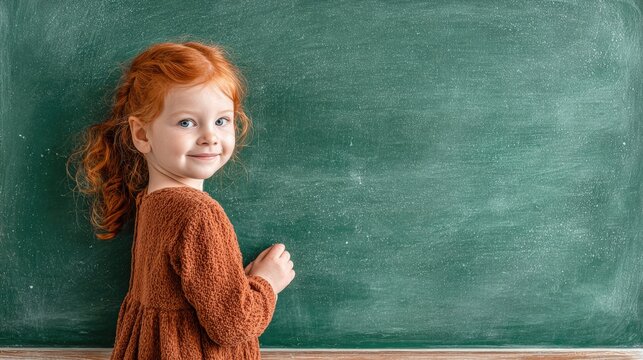 A young girl with red hair smiles in front of a green chalkboard, wearing a brown dress, in a classroom setting.