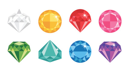 Collection of eight colorful faceted gemstones and diamonds on a white background