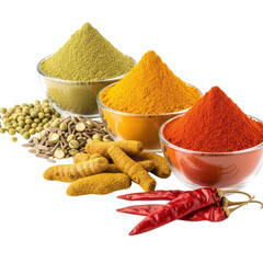 Variety of colorful spice powders in glass bowls isolated PNG with Transparent Background