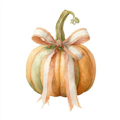 Watercolor elegant pumpkin, with a coquette ribbon bow painted in autumn soft and rusty hues