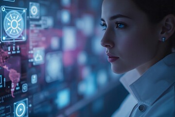 A young woman analyzes data displayed on a futuristic interface with holographic screens and visual information.
