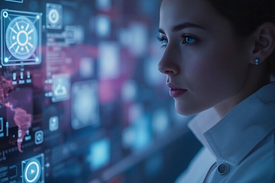 A young woman analyzes data displayed on a futuristic interface with holographic screens and visual information.