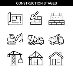 Set of construction outline icons with blueprint, trowel, brick wall, concrete foundation, excavator, cement mixer, dump truck, crane, house under construction, and finished house