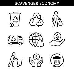 Set of scavenger economy outline icons. Recycling bin, recycling symbol, garbage bag, garbage truck, globe and recycling, hand holding coin, person pushing cart, hands holding coin, circular economy