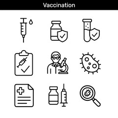 Set of vaccination outline icons with syringe, vaccine vial, test tube, doctor, bacteria, and magnifier