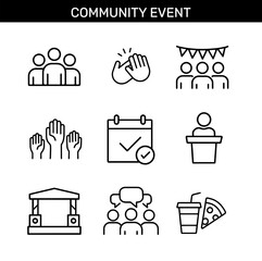 Set of community event outline icons with group, applause, bunting, raised hands, calendar, speaker, stage, discussion, drink, and pizza
