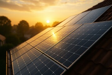 Rooftop solar panels reflecting golden sunset light over a village