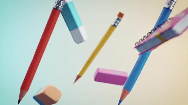 School supplies pencils erasers a notebook float against a gradient background