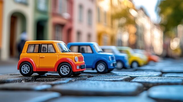 Fototapeta Colorful toy cars on a cobblestone street lined with colorful buildings