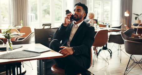 Airport lounge, business man and phone call for journey, reservation update or trip. Mobile, chat and worker with conversation for travel plan, flight or corporate discussion for networking in lobby