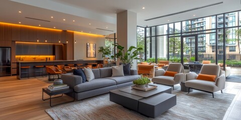 Fototapeta premium Modern interior design of an apartment, featuring a cozy living room with a gray sofa, coffee tables, and armchairs, Generative AI