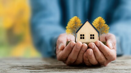 Hands gently holding a miniature house with trees, symbolizing care and protection of home and environment.