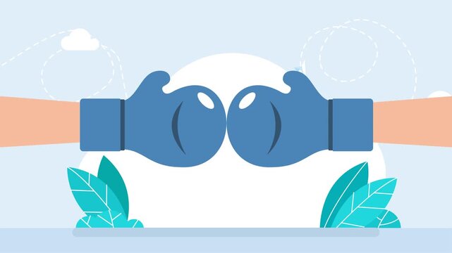 Two blue boxing gloves. Boxing with Blue gloves. Sport and Game competition. Competition, rivalry, strategic battles. Business conflict, competitive strategy, and power struggles. 2d flat animation
