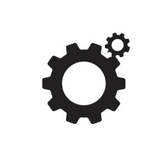 Two interlocking black gears, one large and one small, depicted on a white background, symbolizing mechanics, engineering, or a system.