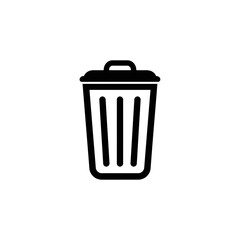 A simple, minimalist black and white icon of a trash can with a lid.