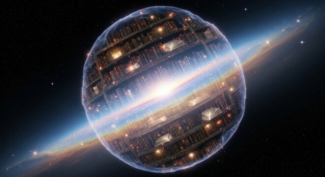Celestial Library: A Cosmic Archive - A spherical library floats in space, symbolizing knowledge, preservation, exploration, infinity, and cosmic wonder.