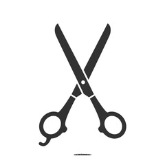Stylized graphic illustration of open scissors, blades crossed, with finger holes and a single line below.