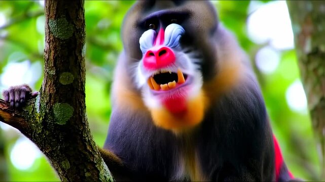 Close-up of a vibrant mandrill with open mouth and colorful face in its natural habitat