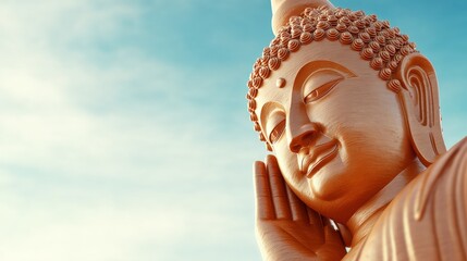 Close-up of a serene wooden Buddha statue against a blue sky, emphasizing calm and spiritual tranquility.