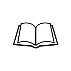 Simple black and white line art illustration of an open book, viewed from the front, showing blank pages.