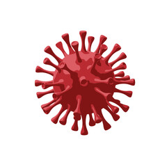 Illustration of a red coronavirus particle with spike proteins on a white background.