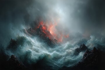 paiting of storm clouds, fire and lightning