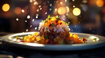 Festive pomegranate rice dessert, beautifully presented.