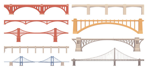 Collection of various bridge types and architectural styles in flat design
