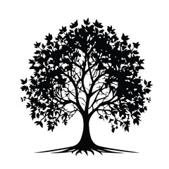 Obraz premium Black and white silhouette of a tree with detailed foliage and roots. Full tree form with a detailed representation of branches and leaves, presented in a simple style.