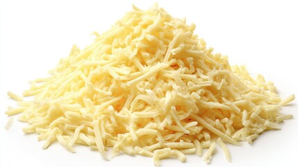 Fototapeta premium A pile of shredded cheese on a white background, showcasing its texture and color, ideal for culinary and food-related themes.
