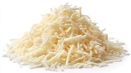 Fototapeta premium A heap of finely shredded white cheese isolated on a white background, showcasing texture and freshness.
