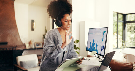 Happy woman, laptop or wave with tablet for video call, marketing conference or statistics in home....