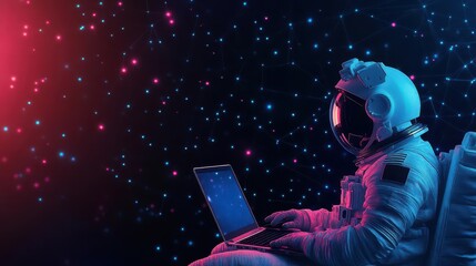Astronaut Working on a Laptop in Space Futuristic Concept of Technology and Exploration Beyond Earth