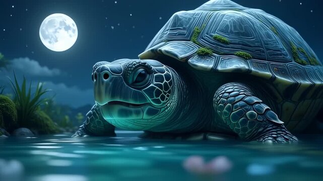 Majestic Turtle in Moonlit Water at Night, Ethereal Glow Under a Starry Sky