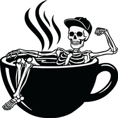 A skeleton wearing a cap relaxes inside a large coffee cup with steam rising.