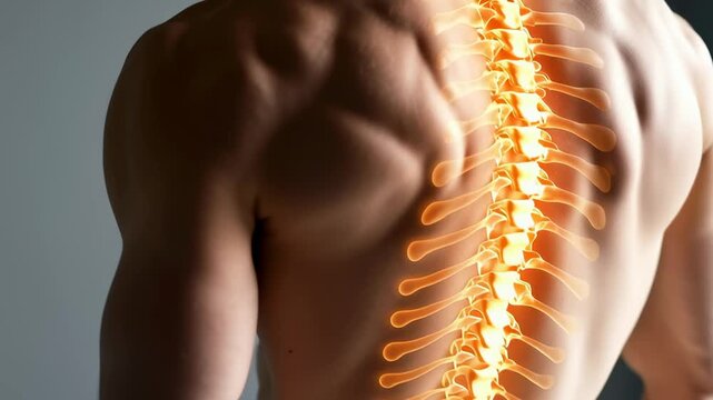 A man's back is shown with a spine that is bent and twisted. The spine is orange and yellow, which gives the image a sense of pain and discomfort. The man's posture is hunched over