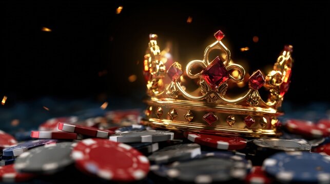 A golden crown adorned with red jewels sits atop a pile of colorful poker chips, illuminated against a dark background with floating sparks.