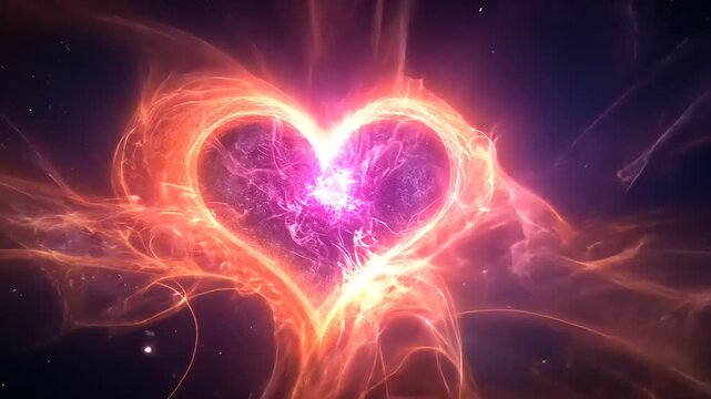 Vibrant cosmic heart shape radiating energy and light in a colorful galactic background