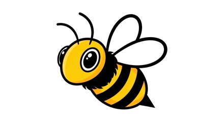 A cheerful cartoon bee in flight, large eyes, yellow and black stripes.