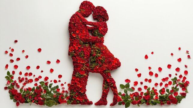 Silhouette of a couple embracing, crafted from red roses and petals on a white background, symbolizing love and romance.