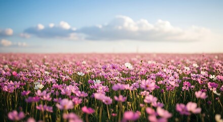 Pink cosmos flowers blooming in a field under a blue sky with clouds landscape photography
