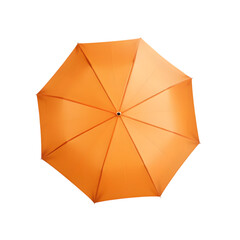 Bright orange umbrella open top view isolated on transparent background for protection from rain or sun