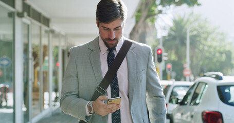 Businessman, walk and scroll with phone in city for chat, online research and text message on...