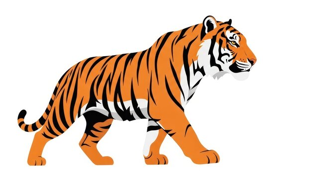 A digitally created illustration of a majestic tiger walking across a white background, showcasing its striped coat.
