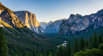 Yosemite Valley's majestic landscape: El Capitan, forests and granite peaks under morning sunlight