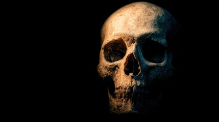 Obraz premium A human skull is illuminated against a dark background, highlighting its textured surface and hollow eye sockets.